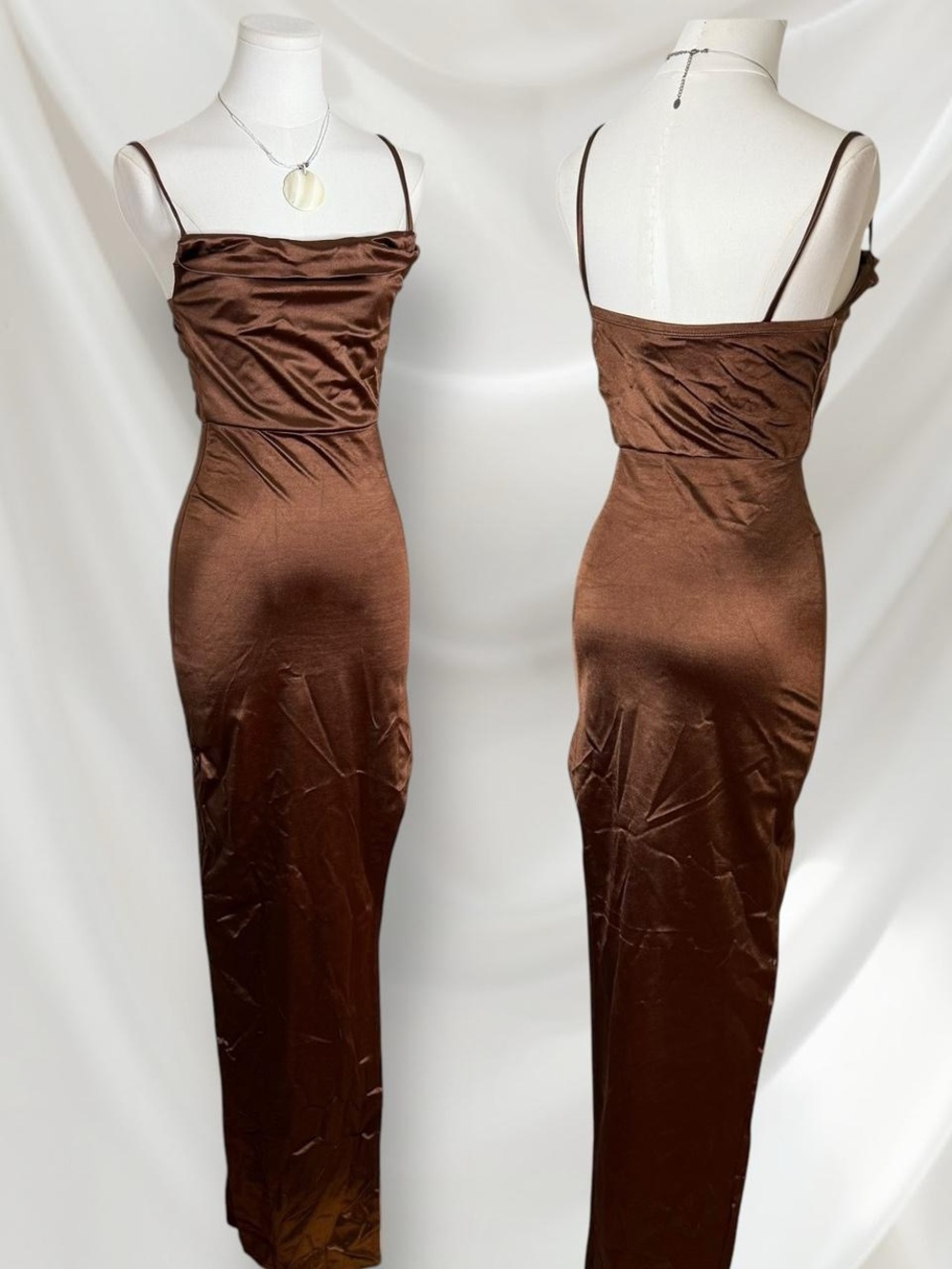Sleek Satin Brown Slip Dress with Cowl Neck
